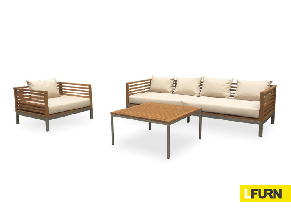 TEAK / STAINLESS STEEL 4 SEATERS SOFA AND 1 SEATERS SOFA AND TEAK / STAINLESS STEEL SQUARE COFFEE TABLE WITH CUSHION AND PILLOW