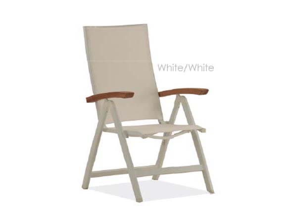 เก้าอี้อลูมิเนียมบุผ้าสังเคราะห์นำเข้าจากอเมริกาที่ท้าวแขนทำจากไม้สักทองปรับระดับได้ TEAK / ALUMINIUM RECLINER WITH SYNTHETIC FABRIC