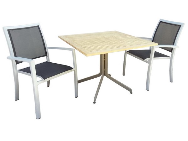 โต๊ะอลูมิเนียมหน้าโต๊ะไม้สักทองแบบพับได้พร้อมเก้าอี้อลูมิเนียมบุผ้าสังเคราะห์นำเข้าจากอเมริกา TEAK/ALUMINIUM FOLDING TABLE + ALUMINIUM (GRAPHITE) STACKING ARMCHAIR WITH SYNTHETIC FABRIC (BLACK)