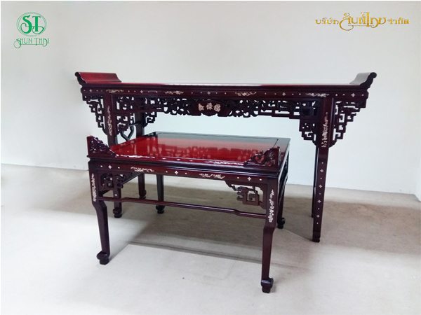 โต๊ะไหว้เจ้าไม้ประดู่แกะสลักลวดลายลงลักจีน(ฝังมุก) 93 นิ้วพร้อมโต๊ะข้าง ALTAR 93\'\' + SIDE-TABLE