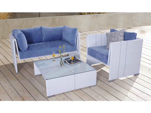 POLYRATTAN 2 SEATERS SOFA AND POLYRATTAN 1 SEATERS SOFA AND POLYRATTAN SQUARE TABLE TOP GLASS  WITH CUSHION AND PILLOW